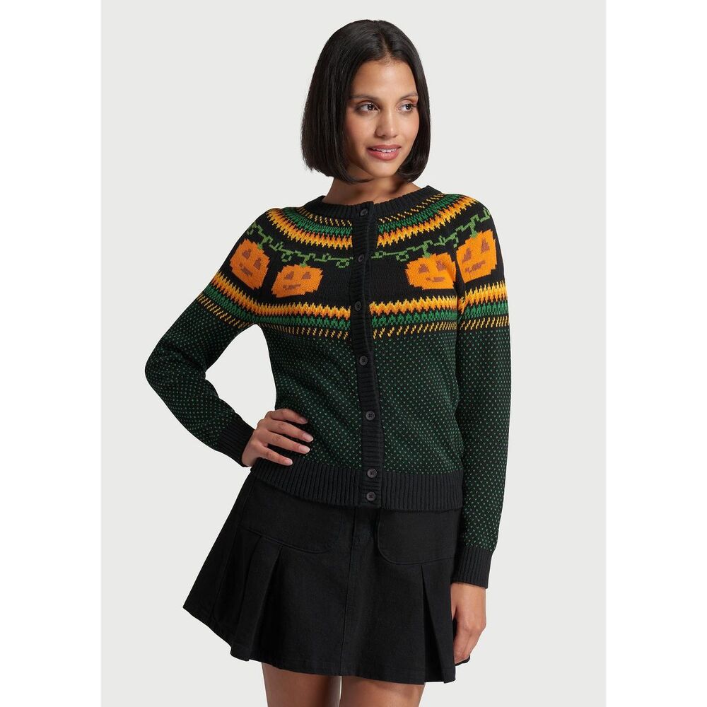 ModCloth Pumpkin Fair Isle Halloween Sweater Cardigan Pumpkin Sweater Medium - Picture 15 of 16